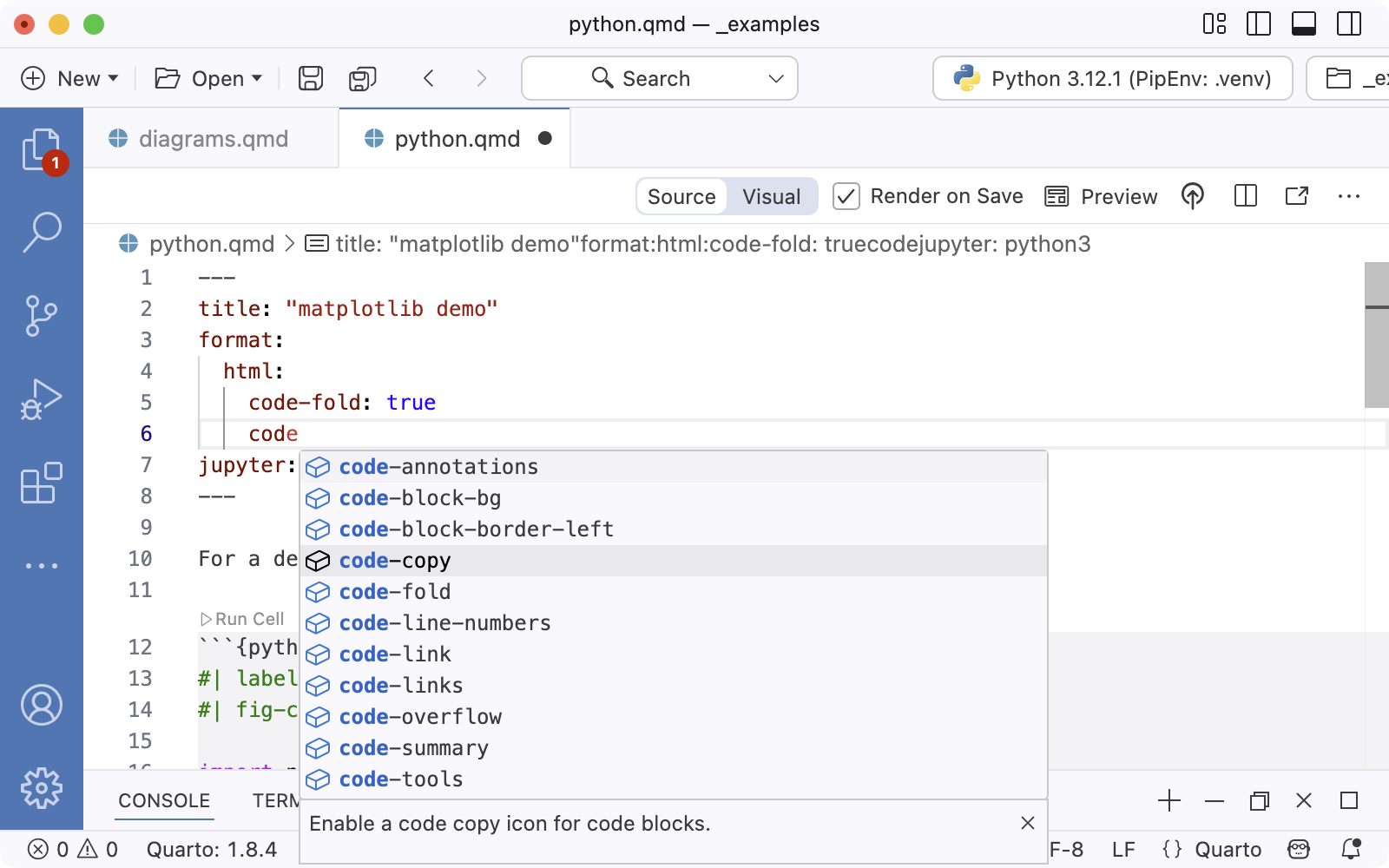 Quarto document with YAML being edited. Next to the cursor code completion helper is open showing YAML options beginning with the letters preceding the cursor ('co').
